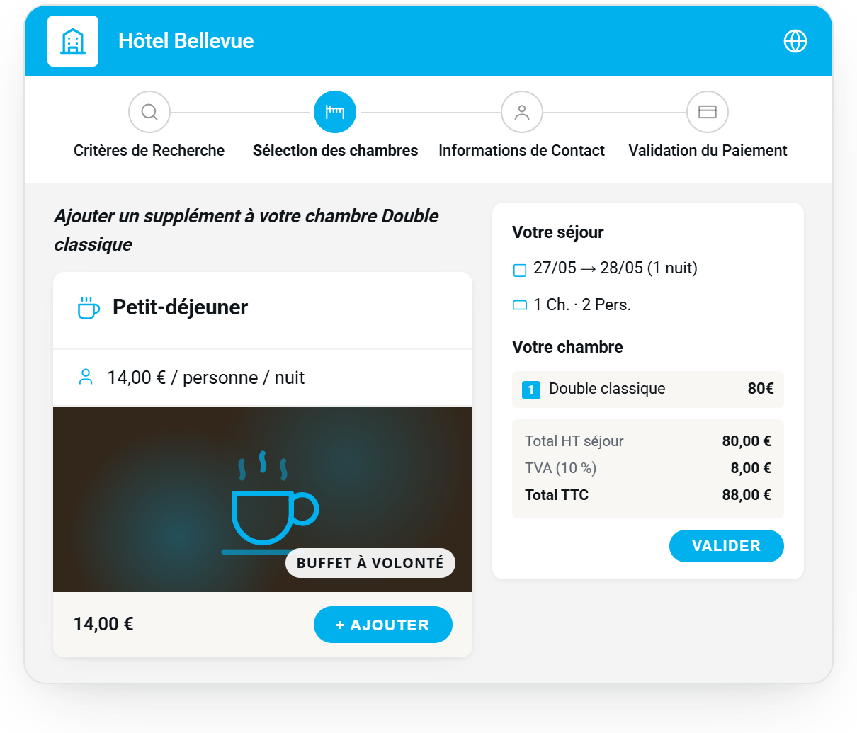 Aperçu de l’ajout d’extras pendant la réservation en ligne