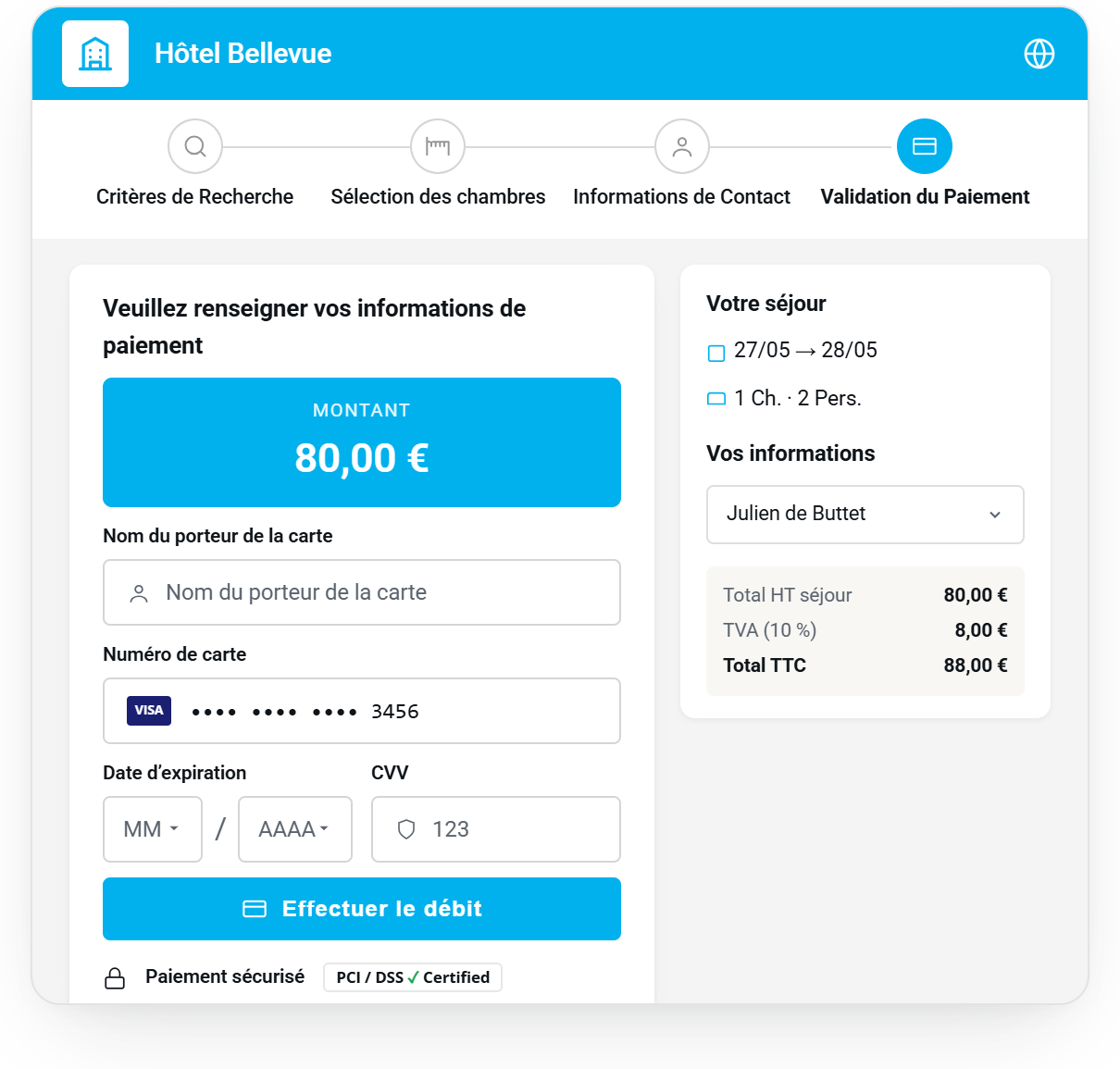 Aperçu du paiement sécurisé du Booking Engine Medialog