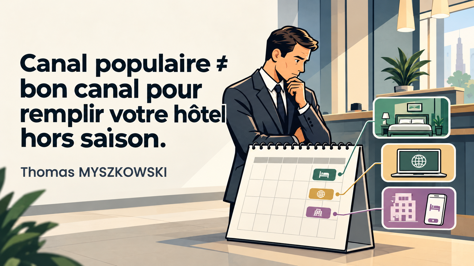 Canal populaire ≠ bon canal pour remplir votre hôtel hors saison. Illustration d'un hôtelier devant un calendrier de réservations relié à trois canaux de distribution.